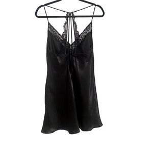 BOGO Black Satin Lace Trim Chemise Slip Dress LBD  Large